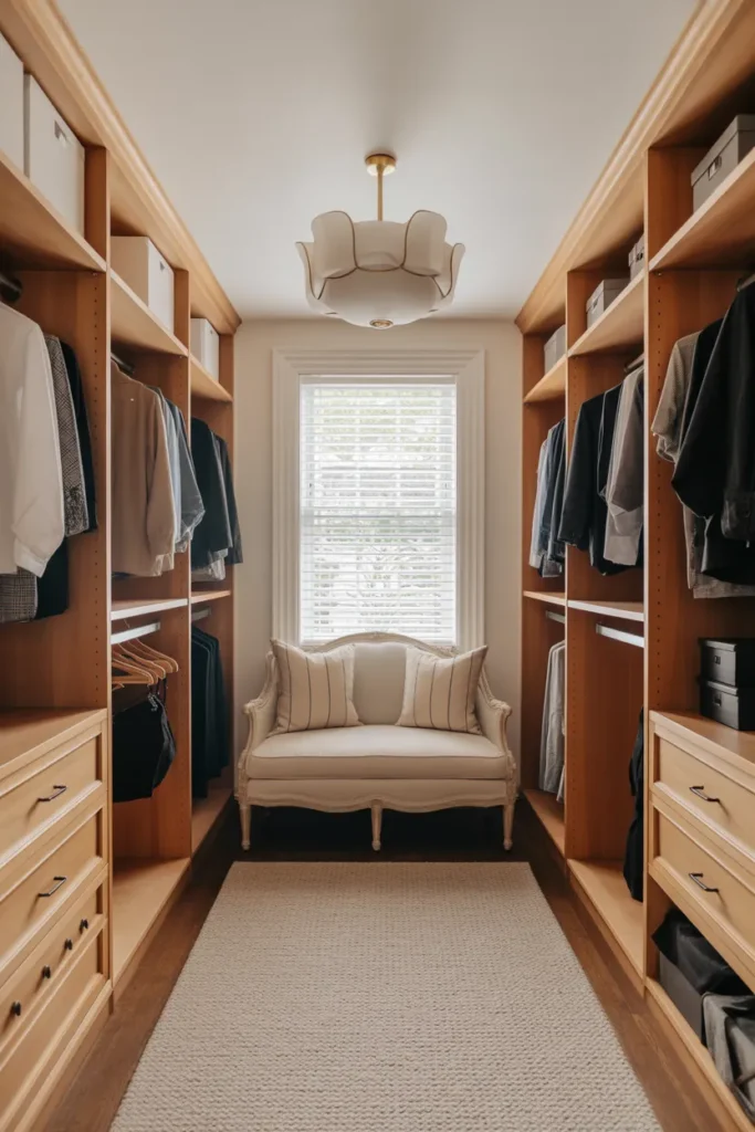 Transitional Walk-In Closet with Seating Area