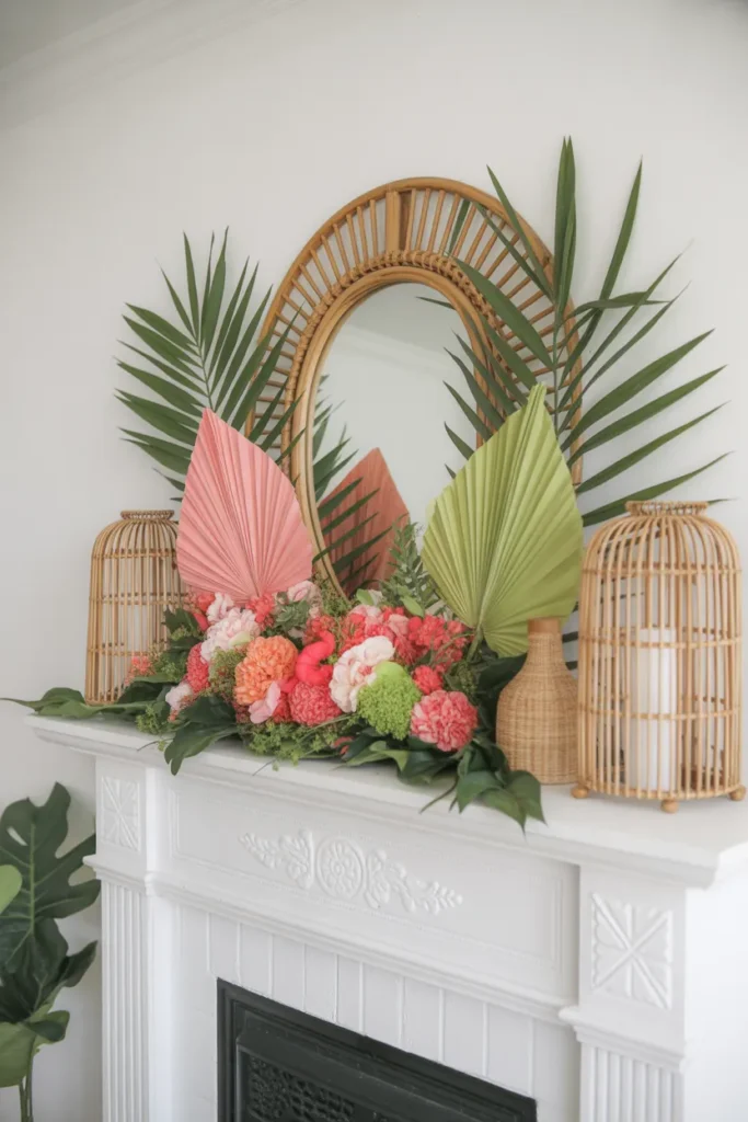  Tropical-Inspired Mantel with Bright Blooms
