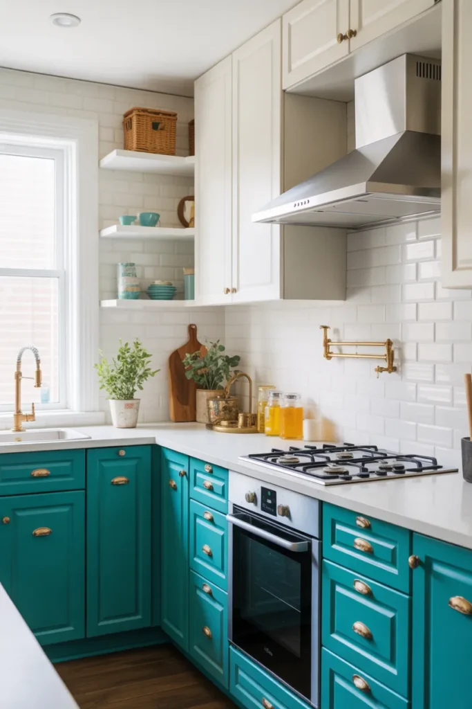 White and Teal Cabinets for a Vibrant Refresh