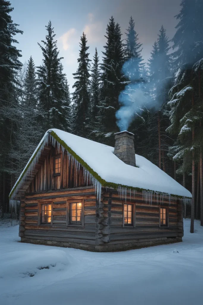  Snow-Kissed Log Cabin with Evergreen Accents