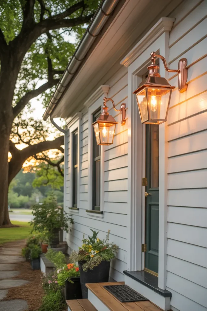  Farmhouse Exterior with Copper Lighting Fixtures
