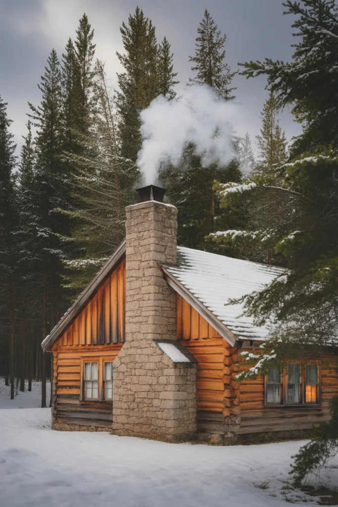   Cabin with Snowy Stone Chimney