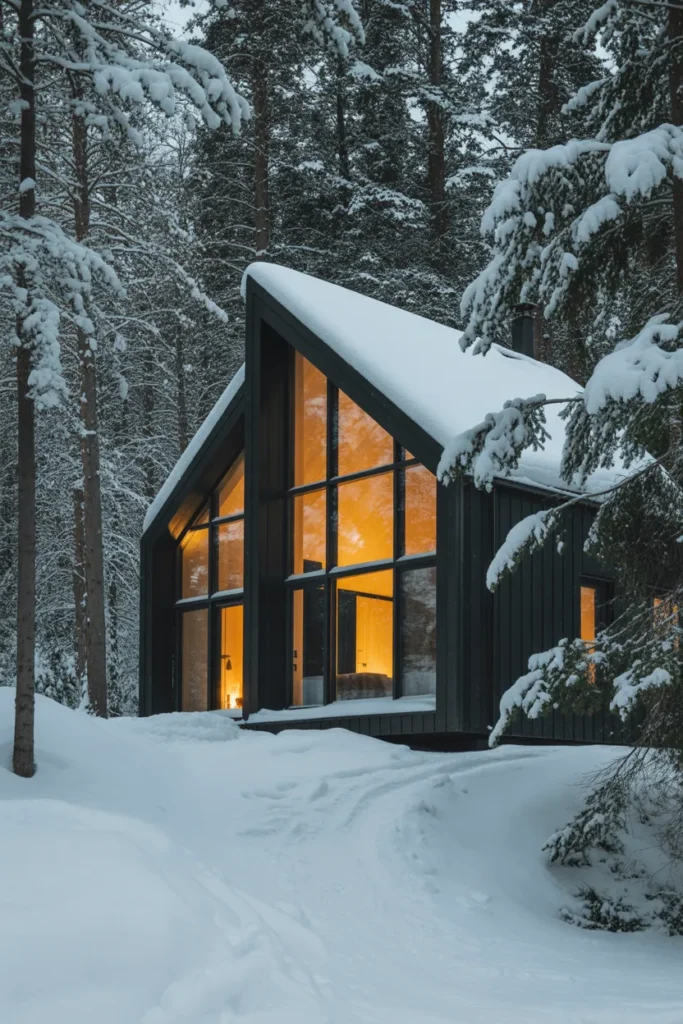  Black Cabin with Warm Window Glow