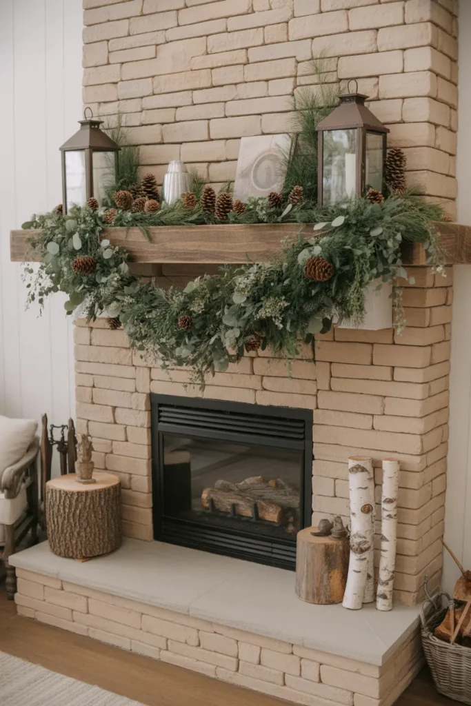  Woodland-Inspired Fireplace with Greenery and Pinecones