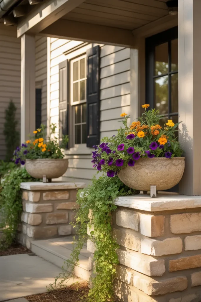  Farmhouse Exterior with Stone Planters