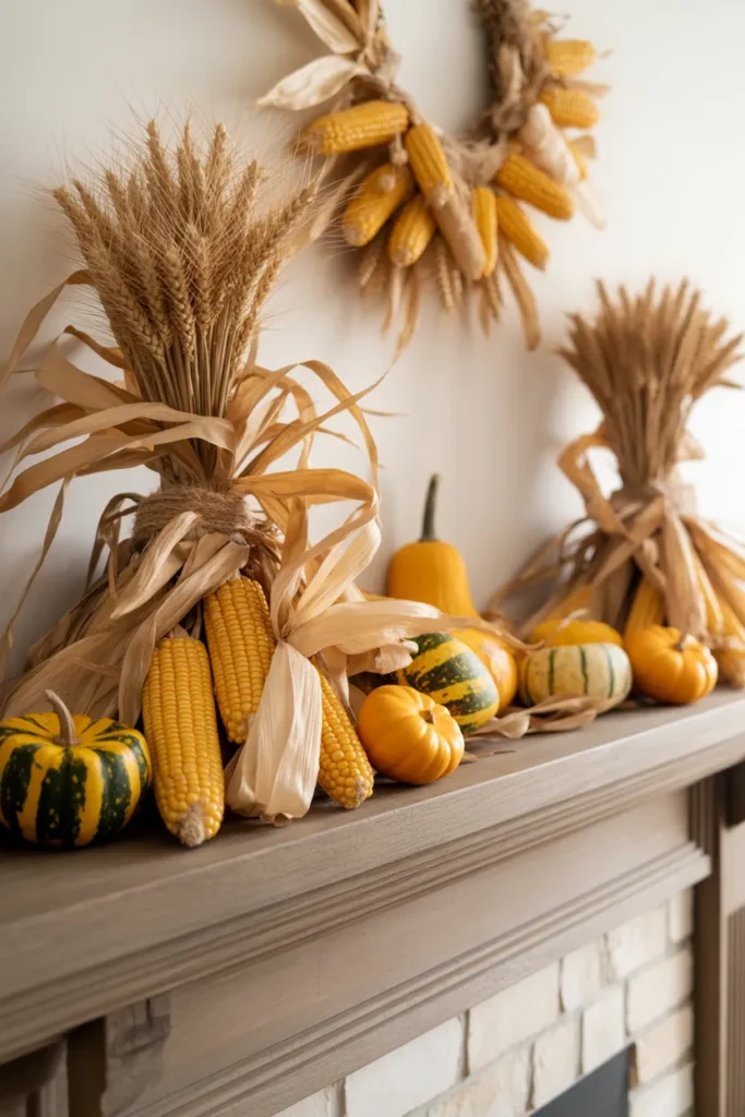   Harvest Mantel with Corn Husks and Gourds