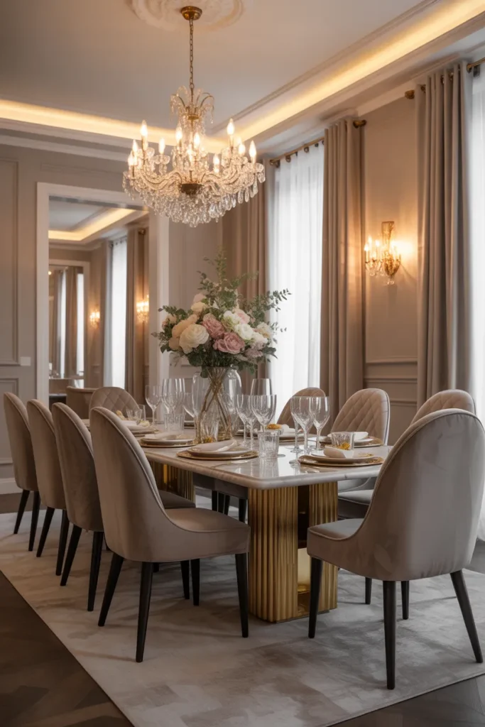  Glam Dining Room with Gold Accents and Velvet Chairs