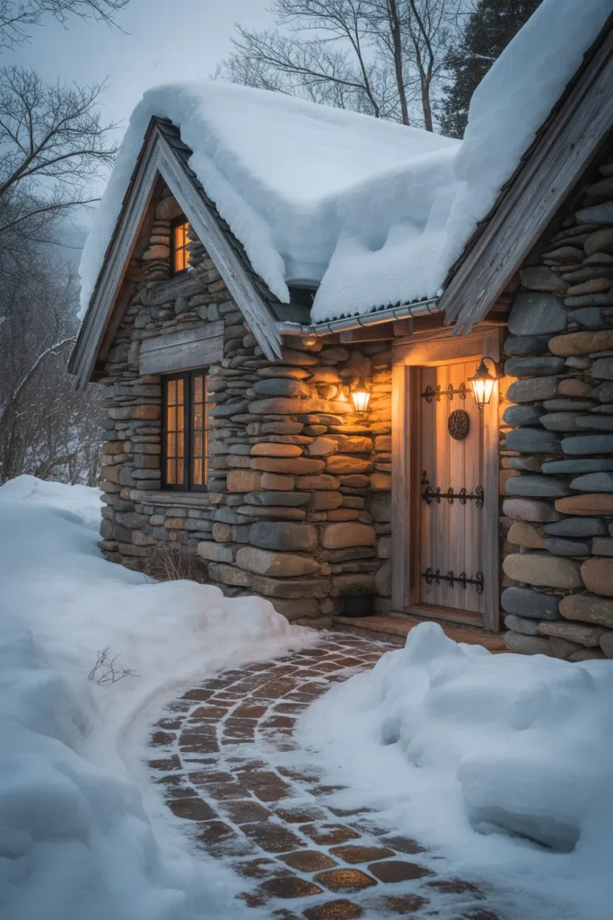   Rustic Stone Cabin with Snowy Pathway