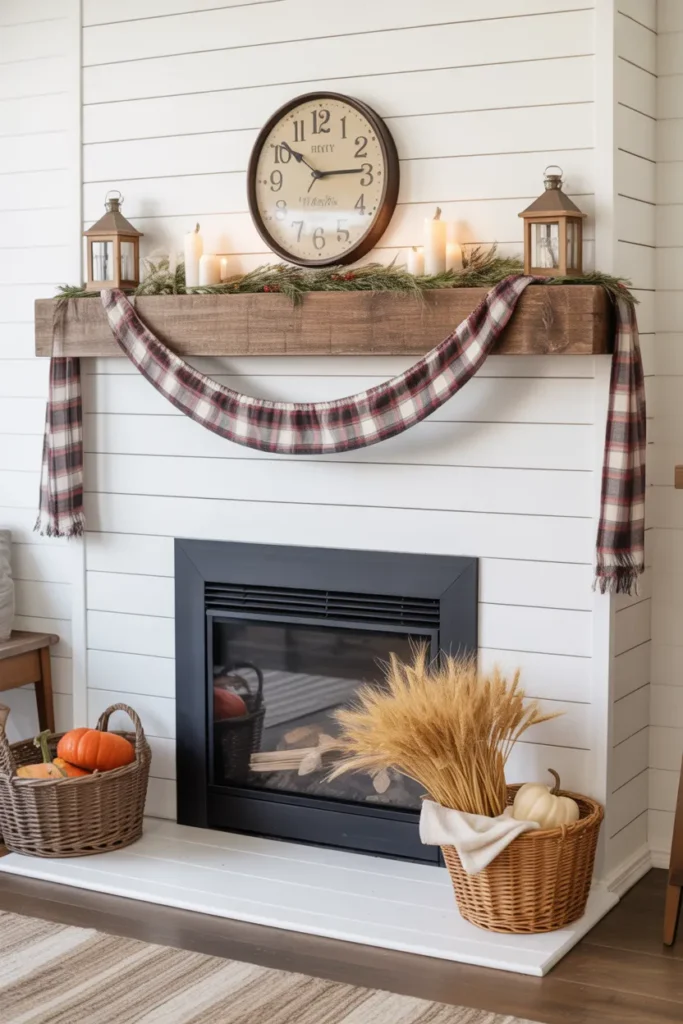  Farmhouse Fireplace with Plaid Touches