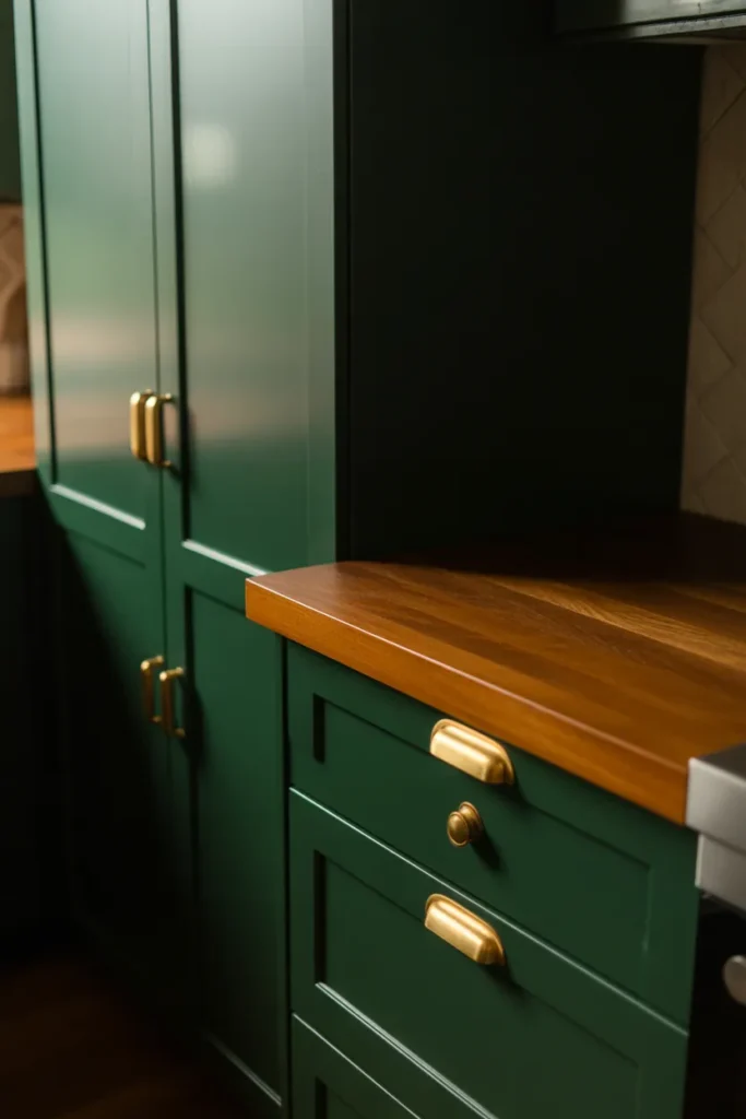  Forest Green Cabinets with Natural Wood Accents
