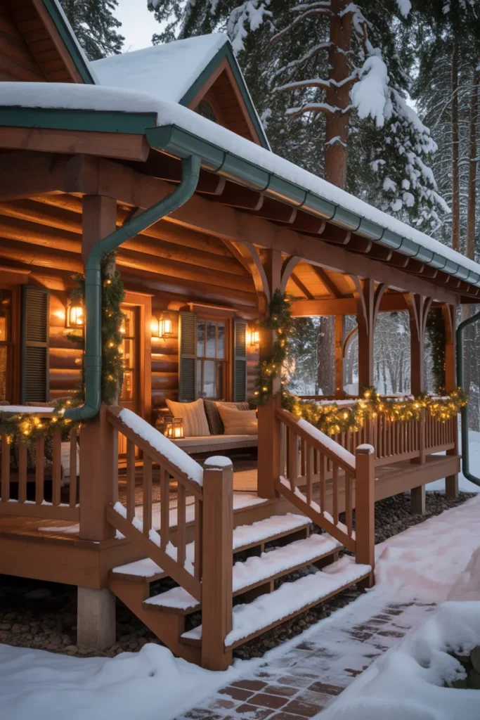  Cabin with Wraparound Porch and Winter Decor