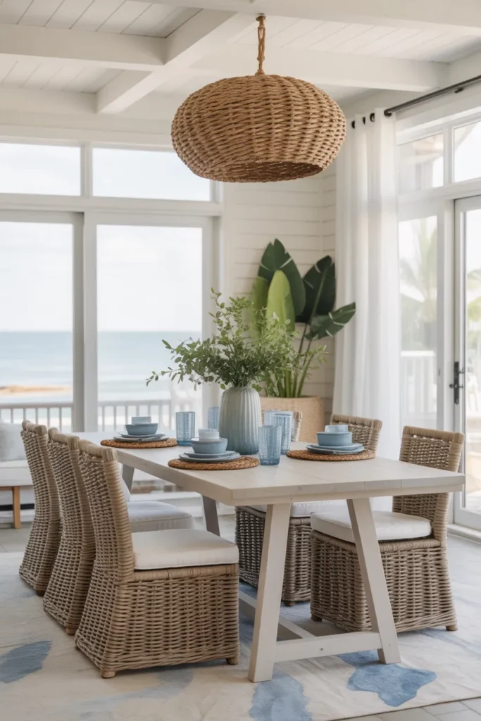   Coastal Dining Room with Light Woods and Blue Hues