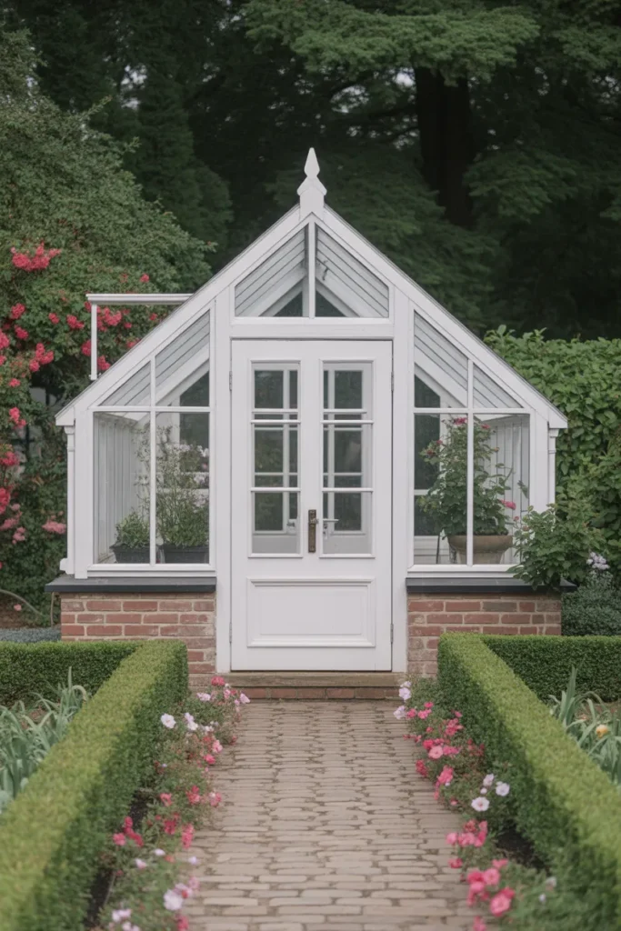  Greenhouse with a White Frame and Garden Pathway