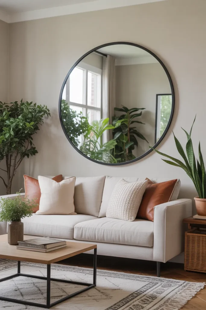   Oversized Round Mirror for a Bright Living Room