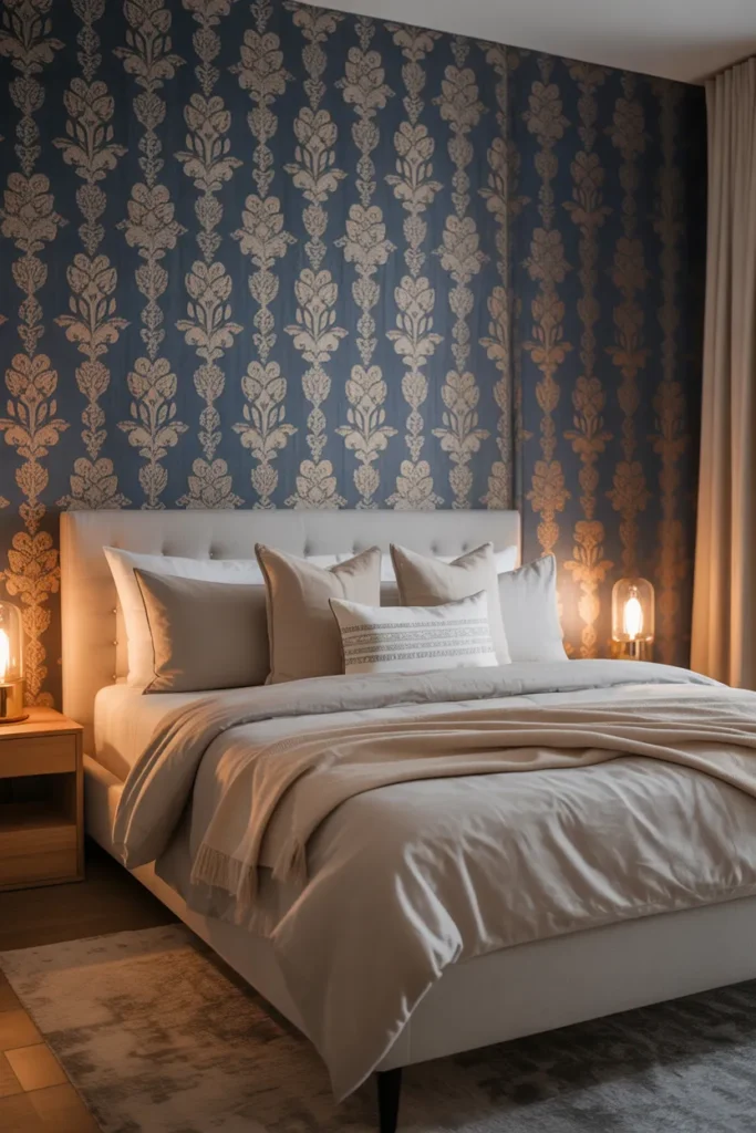  Navy Bedroom with Patterned Wallpaper