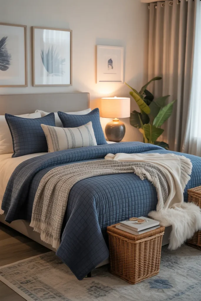  Navy Bedroom with Cozy Layered Bedding