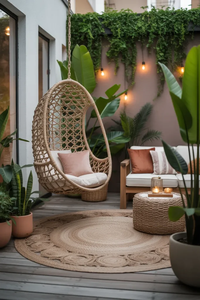  Boho-Style Apartment Patio with Hanging Chairs
