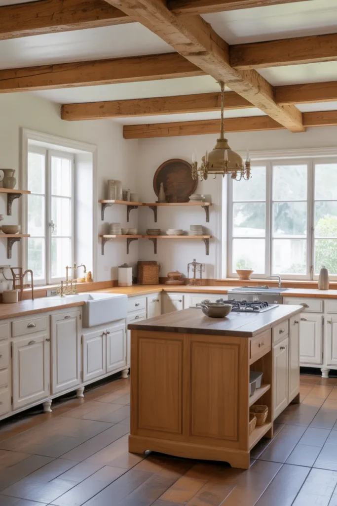  Classic White French Farmhouse Kitchen with Natural Wood Accents