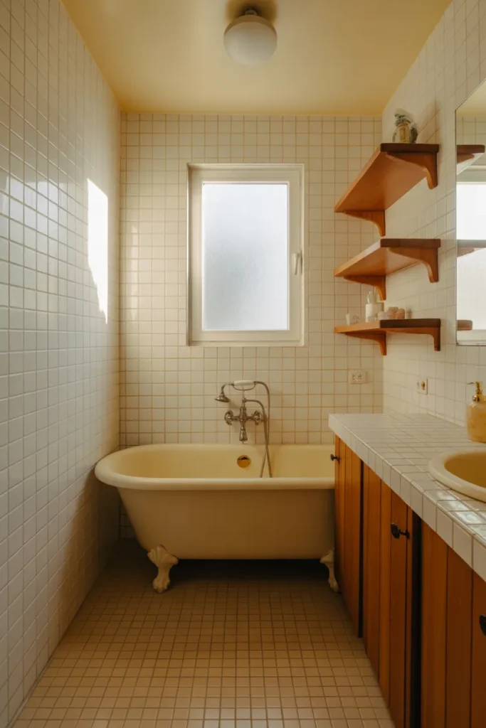  Classic White Tub with Warm Wood Accents