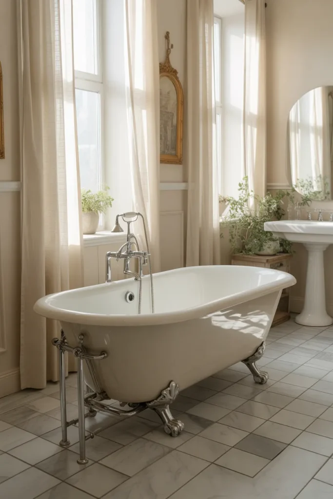  Vintage White Clawfoot Tub with Marble Floors