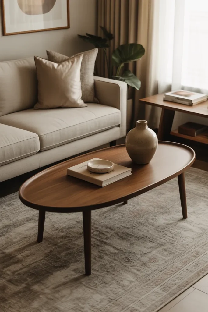  Walnut Oval Coffee Table with Tapered Legs