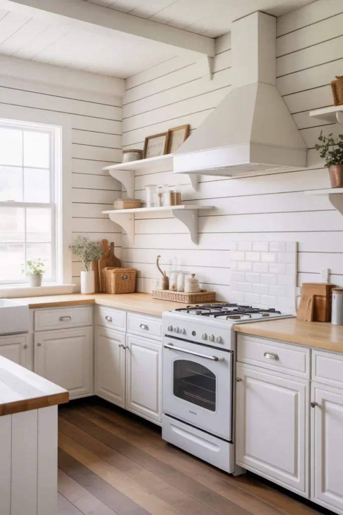  White Farmhouse Kitchen with Shiplap Walls