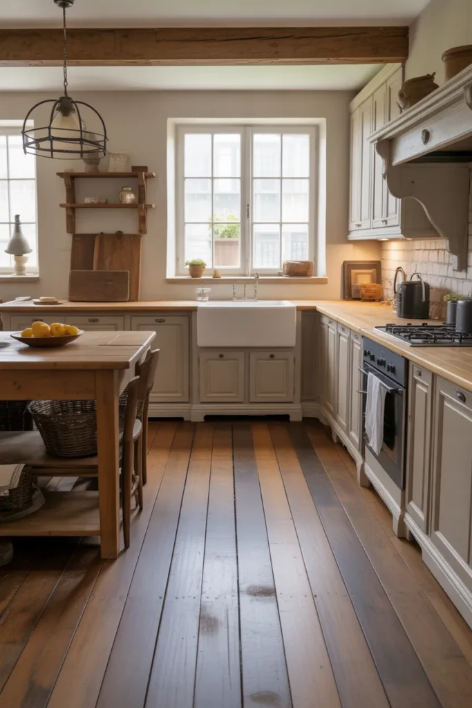  Warm French Farmhouse Kitchen with Wooden Flooring