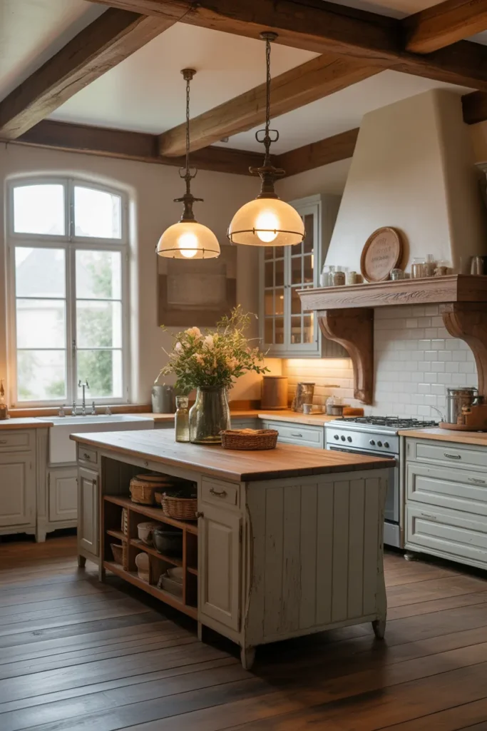   French Farmhouse Kitchen with Vintage Pendant Lighting