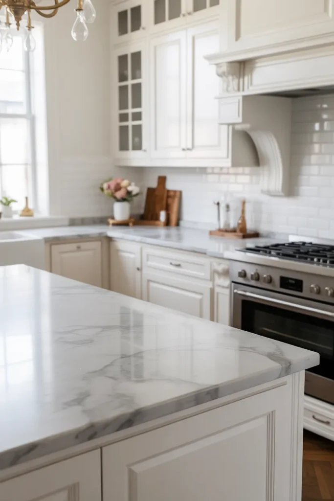  White Farmhouse Kitchen with Marble Countertops