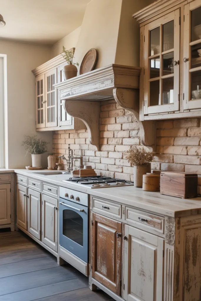  French Farmhouse Kitchen with Distressed Wood Cabinets