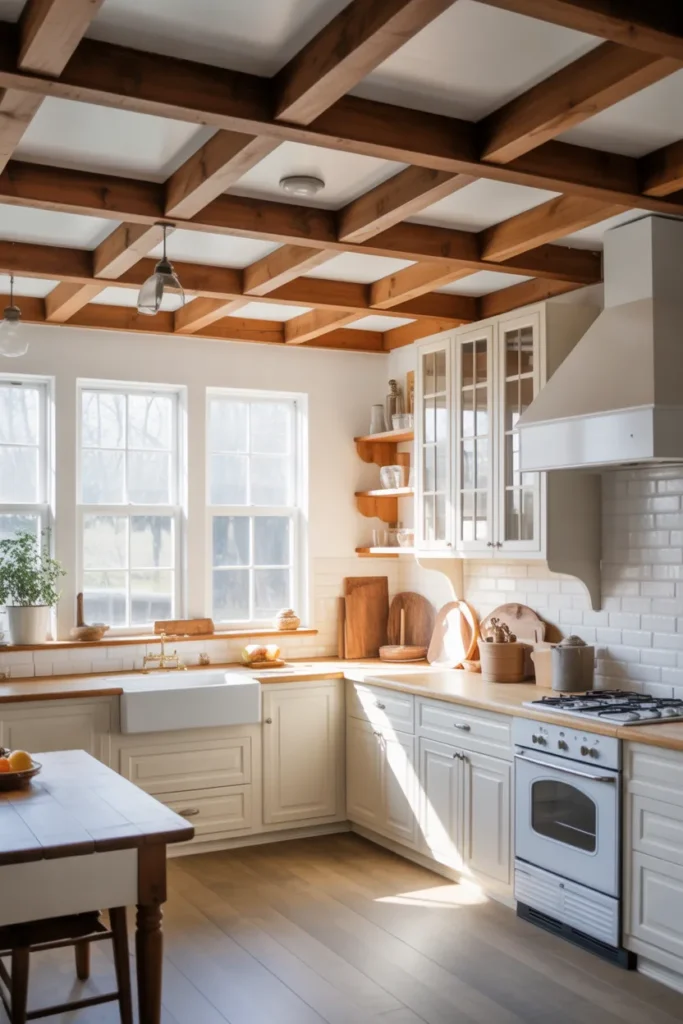 White Farmhouse Kitchen with Exposed Wood Beams