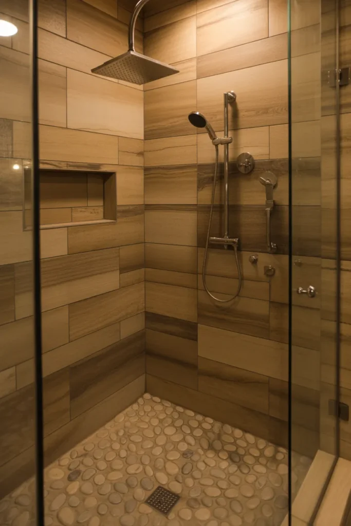   Wood Look Tile With Pebble Shower Floor