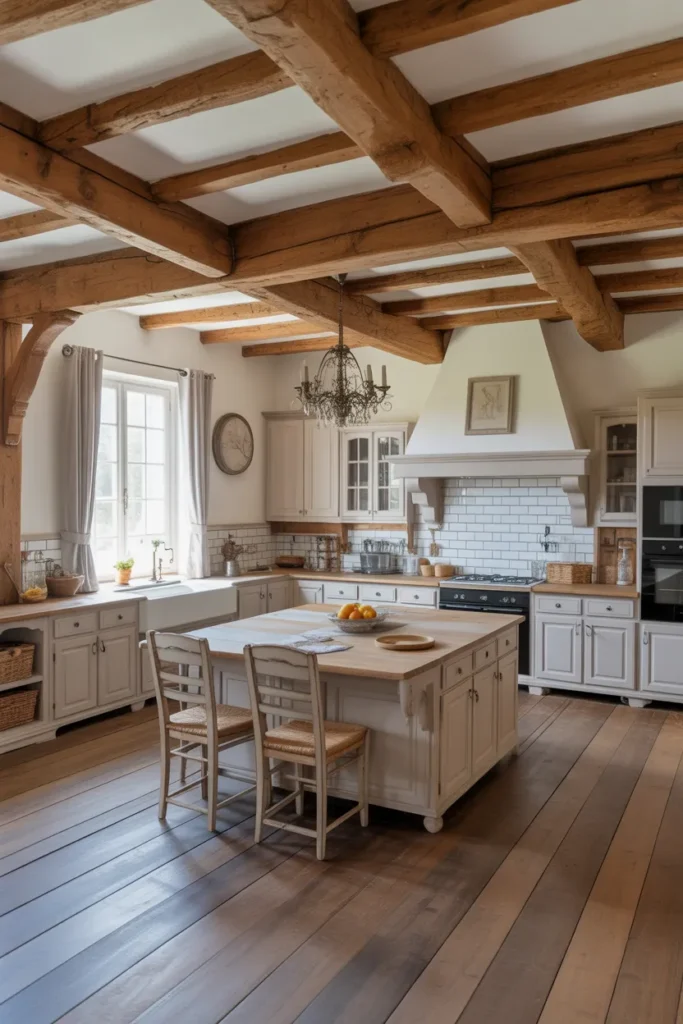  French Farmhouse Kitchen with Open Beam Ceiling