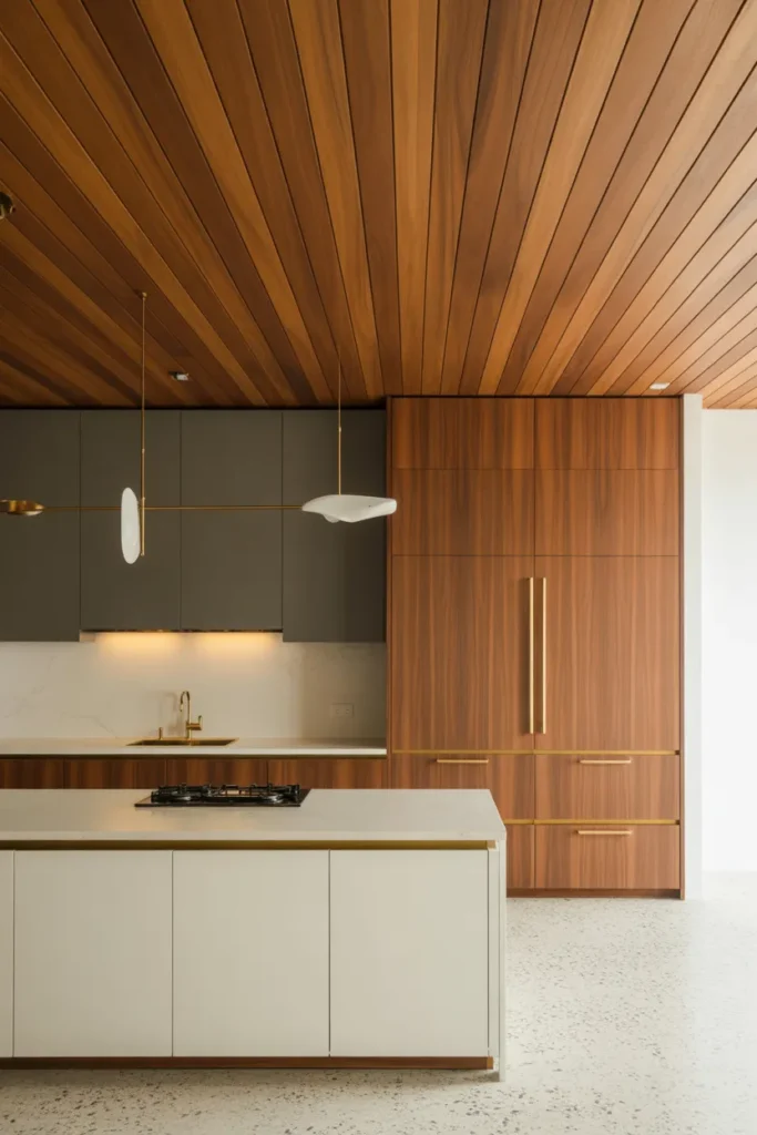  Mid Century Kitchen With Warm Wood Ceiling