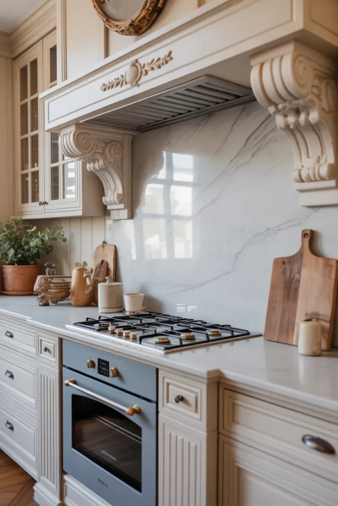   French Farmhouse Kitchen with Marble Backsplash