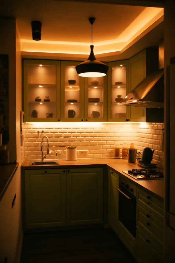   Cozy Small Kitchen With Soft Lighting Layers