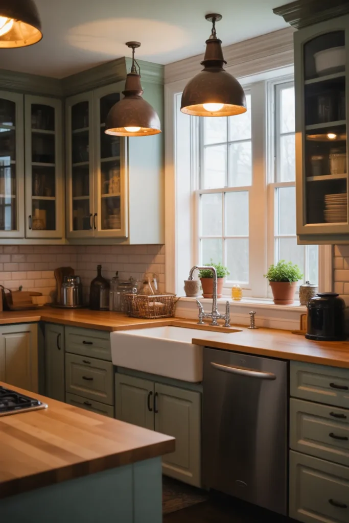  Farmhouse Sink with Statement Lighting Above