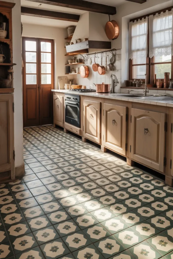  French Farmhouse Kitchen with Traditional Tile Flooring