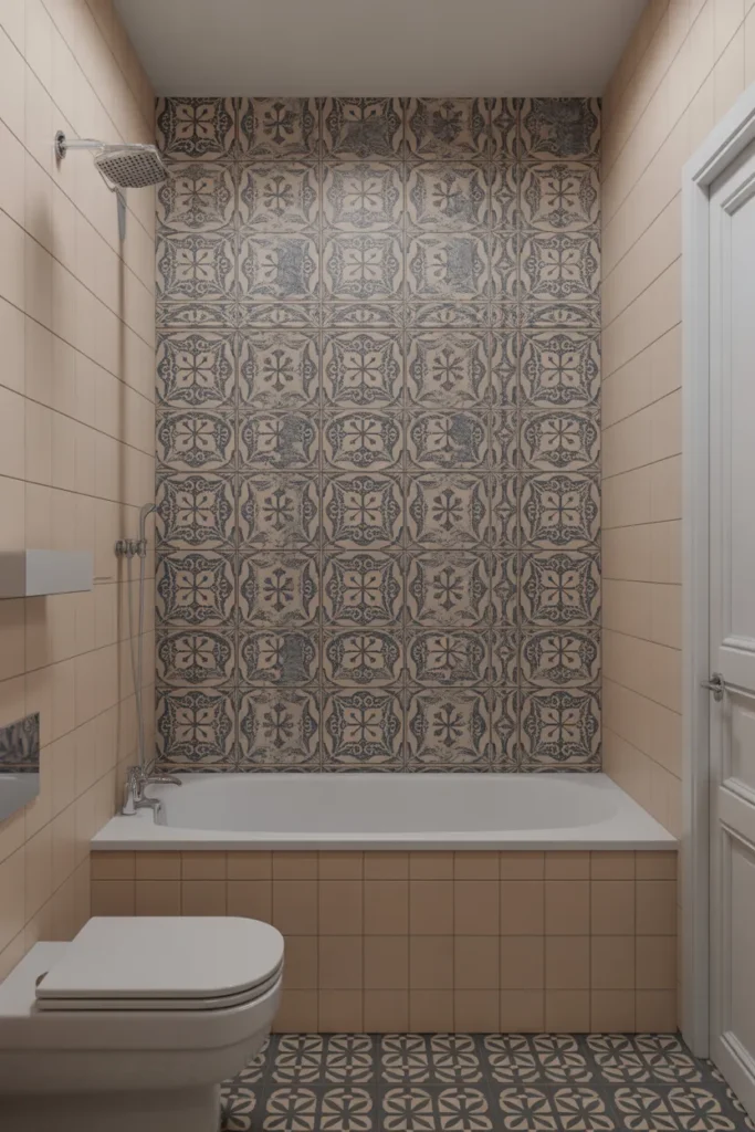   Small Bathroom with Tub and Accent Wall