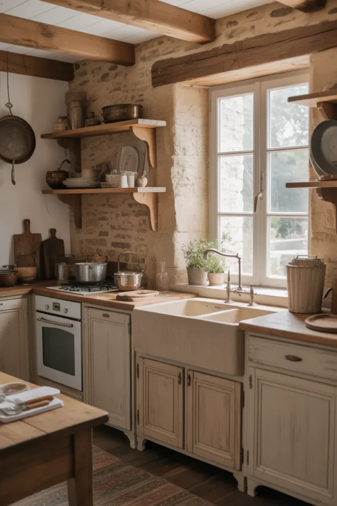  French Farmhouse Kitchen with Stone Walls and Rustic Charm