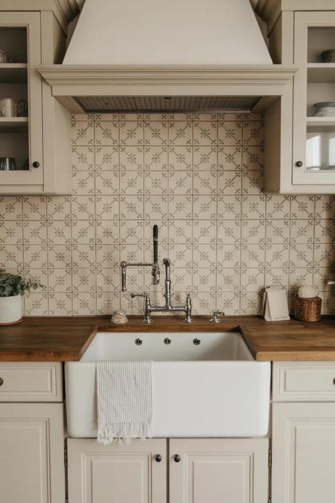  Farmhouse Sink with Textured Tile Surround