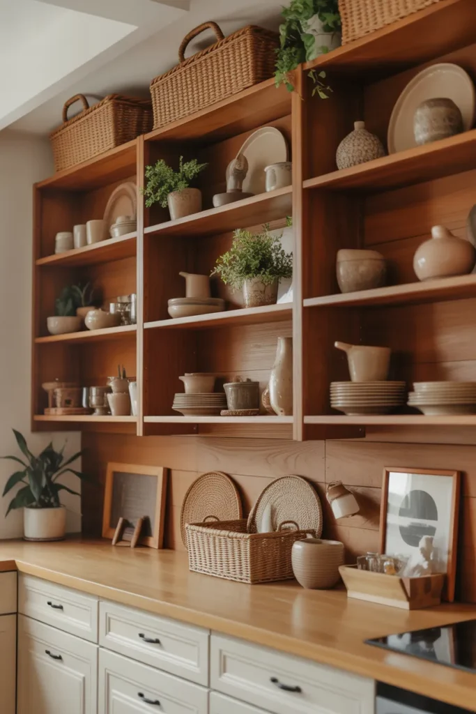  Open Wooden Shelving with Earthy Decor