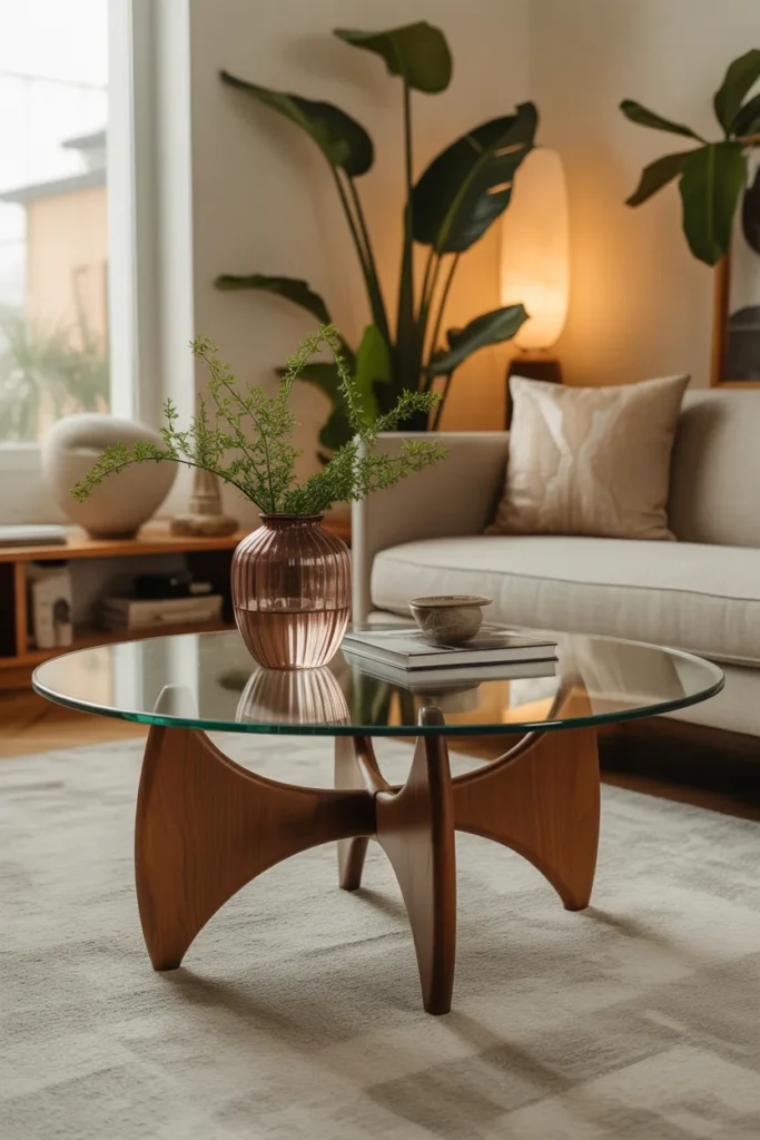  Round Glass Top Coffee Table with Wooden Base