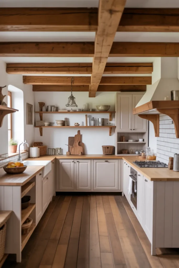 French Farmhouse Kitchen with Exposed Wooden Beams