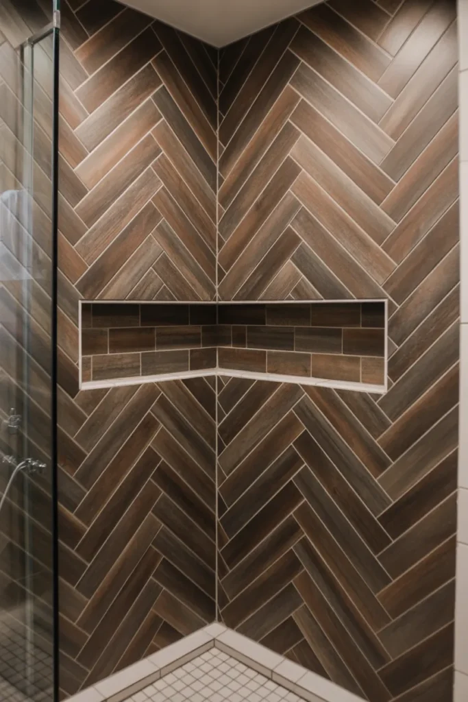   Herringbone Wood Look Tile Shower