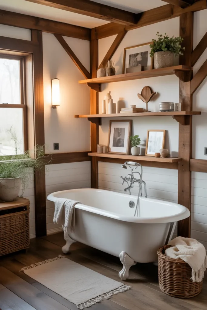  Rustic Clawfoot Tub with Wooden Accents