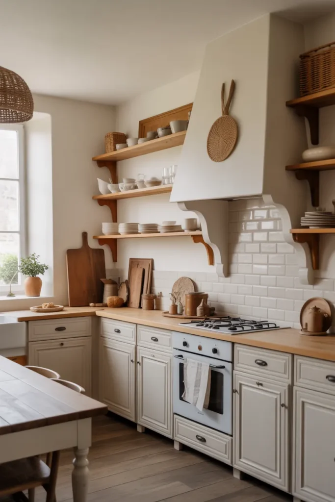  Soft Neutral French Farmhouse Kitchen with Open Shelving