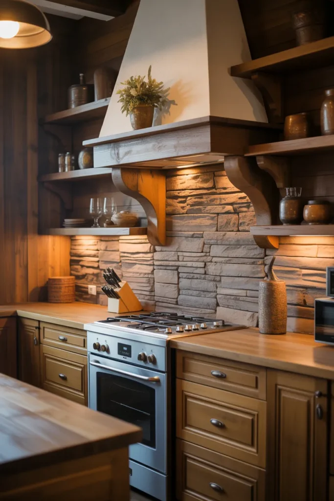  Stone Backsplash with Wooden Accents