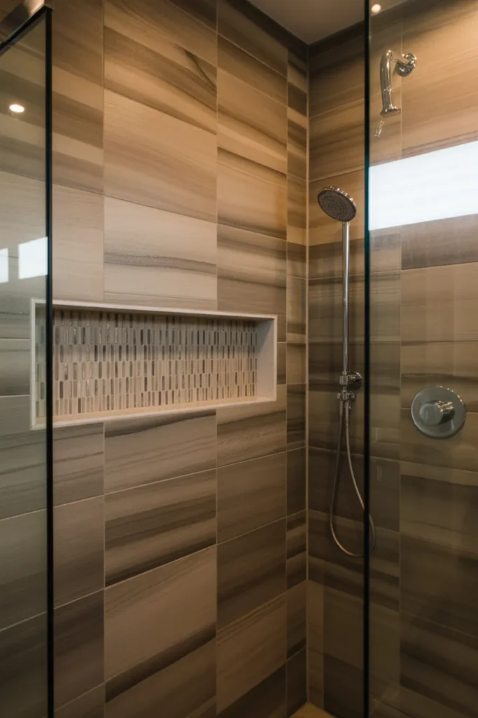  Wood Look Tile Shower With Built-In Niche