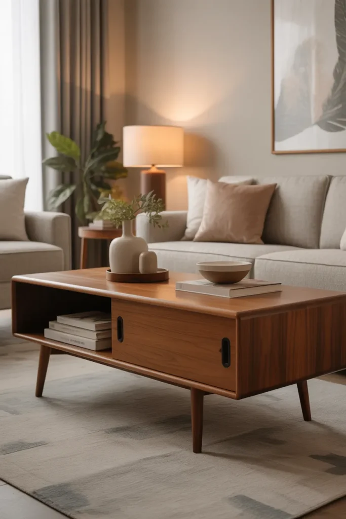  Mid Century Coffee Table with Sliding Doors